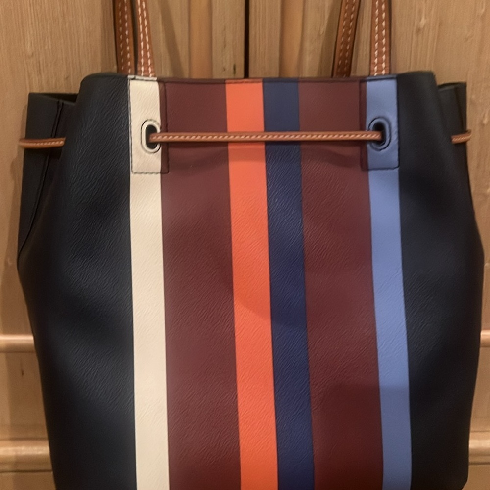 TORY BURCH 
Blue , multicolor stripe leather Kerrington bucket bag /gold-tone - Picture 11 of 17